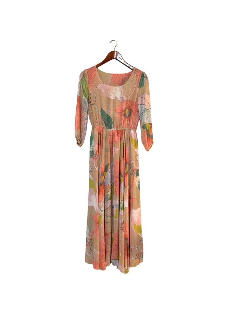 Chicwish Floral Print Boho Maxi Dress With 3/4 Sleeves & Elastic Waist XS